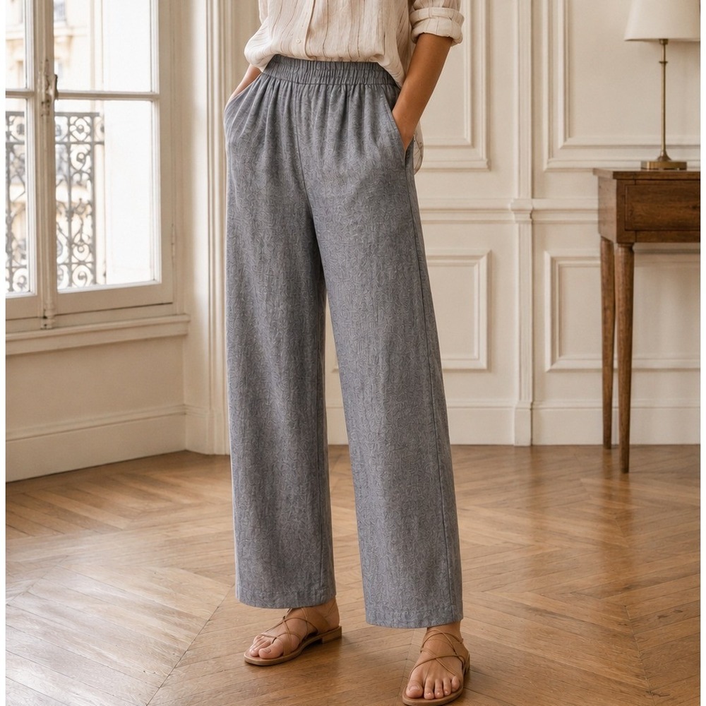 Flax Blue Linen Wide Leg Pull On Pants Cropped Ankle Size Small